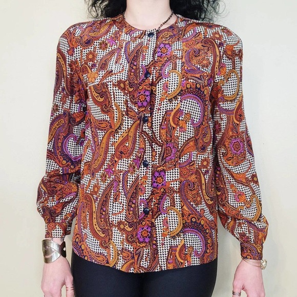 Vintage 80s Paisley & Houndstooth Silk Blouse - Picture 3 of 7